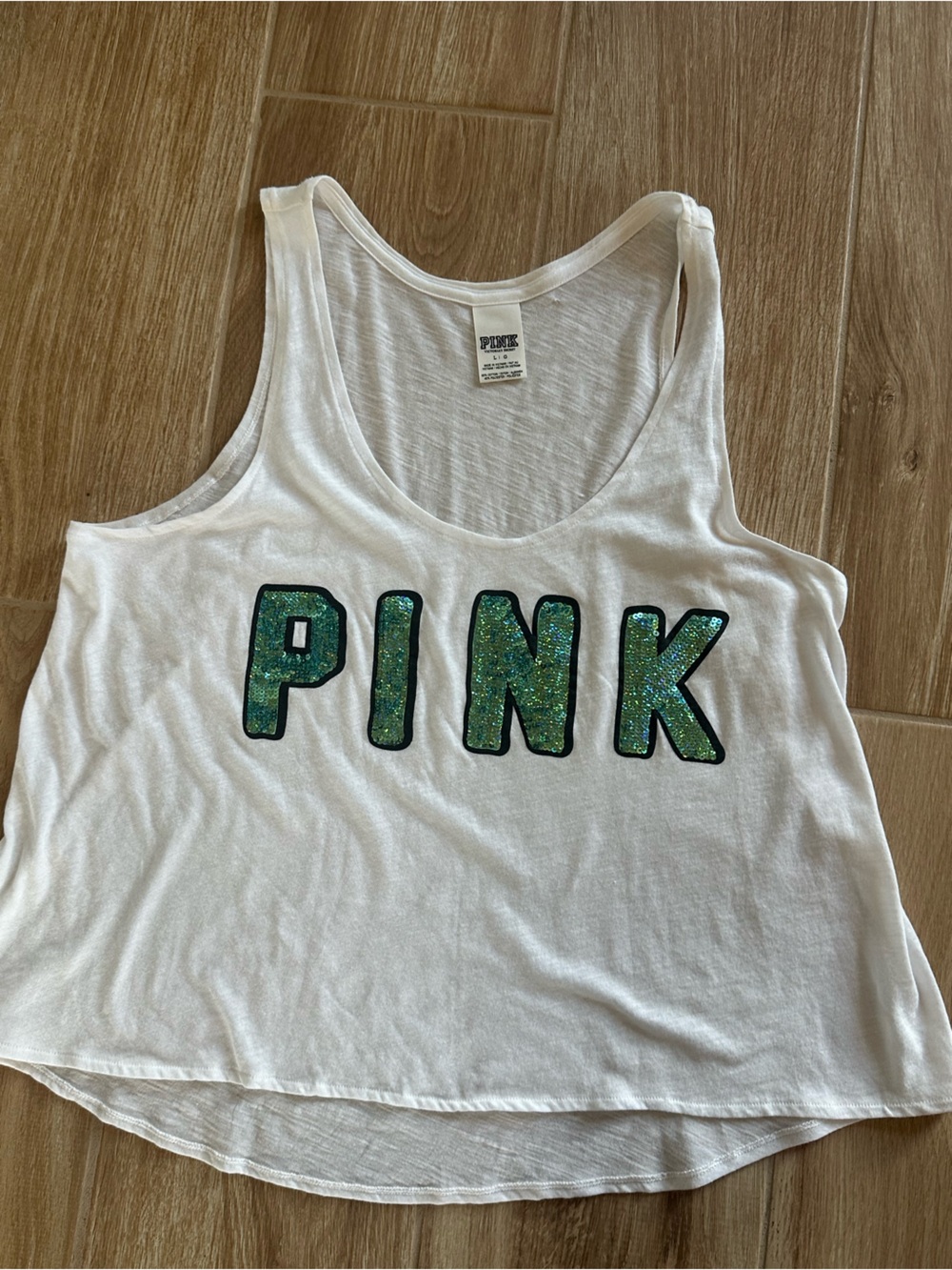 (2) Victoria's Secret PINK  1- tank top green & 2- Gold  sequins Size Large - Picture 2 of 6